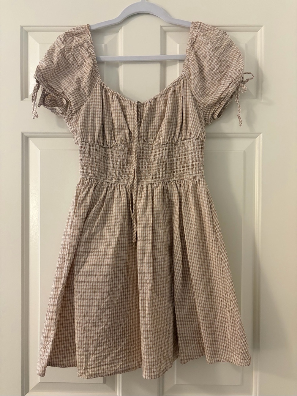 Smocked Waist Mini Dress in Beige Plaid